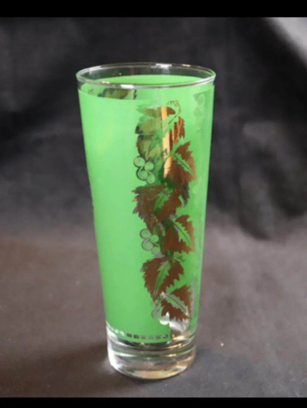 Vintage Tall Green Cocktail Tumbler Tea Glass with Gold Grapes Vine Accents